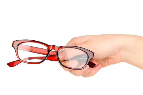 Mano de mujer sosteniendo hermosas gafas aisladas en blanco —  Fotos de Stock