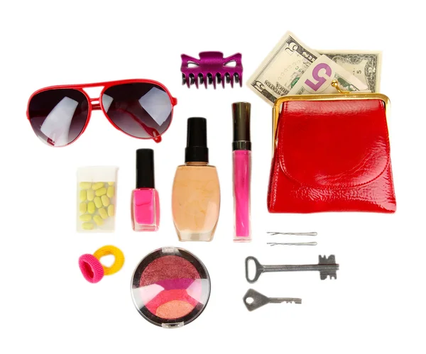 Items contained in the women's handbag isolated on white — Stock Photo, Image