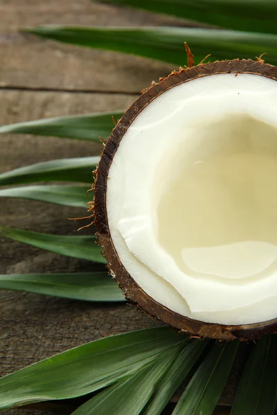 Noix de coco avec feuilles, sur fond bois gris — Photo