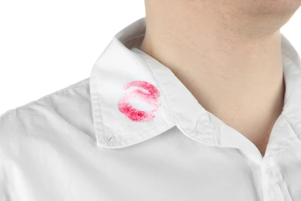 Lipstick kiss on shirt collar of man, isolated on white — Stock Photo, Image