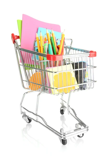 Trolley with school equipment isolated on white — Stock Photo, Image