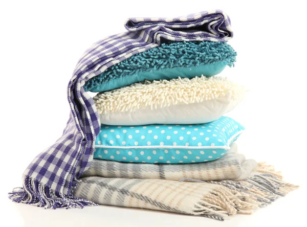 Hill colorful pillows and plaids isolated on white — Stock Photo, Image