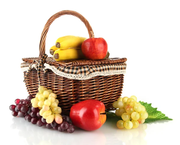 Picnic basket with fruits isolated on white — Zdjęcie stockowe