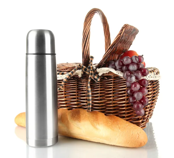 Picnic basket with fruits,bread and thermos isolated on white — Stock Photo, Image