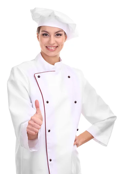 Portrait of young woman chef isolated on white — Stock Photo, Image