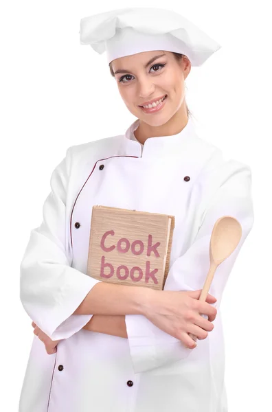 Retrato de jovem chef com livro de cozinha isolado em branco — Fotografia de Stock