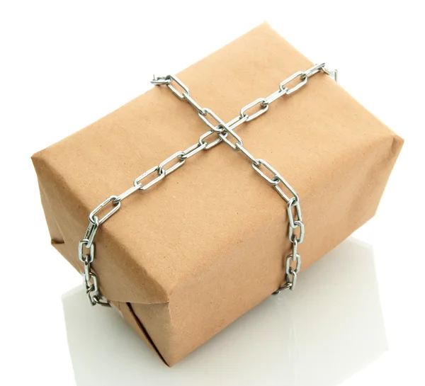 Parcel with chain, isolated on white — Stock Photo, Image