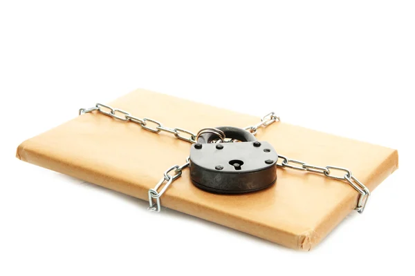 Parcel with chain and padlock, isolated on white — Stock Photo, Image