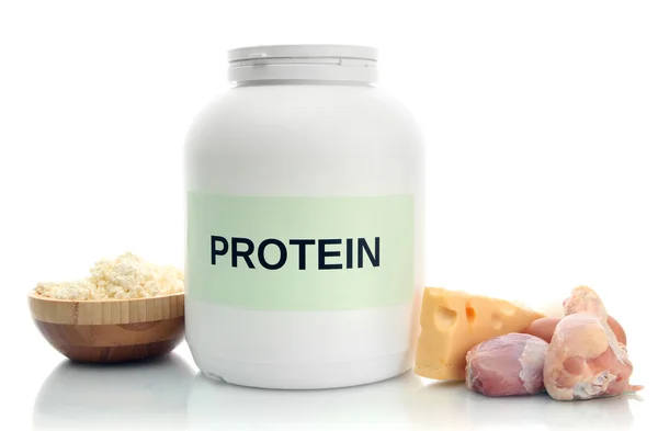 Borcan de pulbere de proteine și alimente cu proteine, izolat pe alb — Fotografie, imagine de stoc