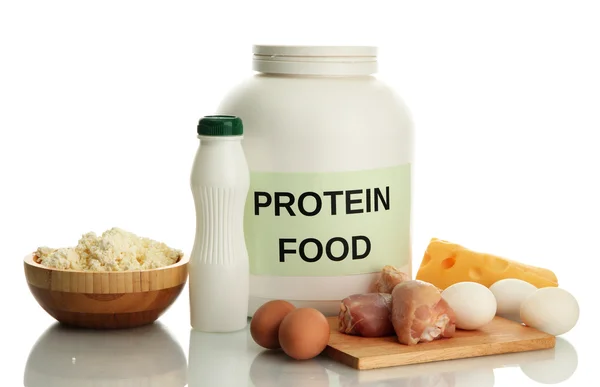 jar of protein powder and food with protein, isolated on white