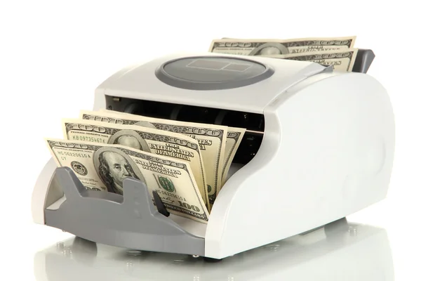 Machine for counting money and 100 dollar bills isolated on white — Stock Photo, Image