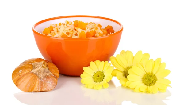 Useful pumpkin porridge in color plate isolated on white — Stock Photo, Image