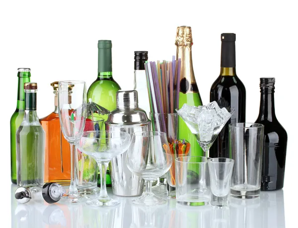 Collection of various glasses and drinks isolated on white — Stock Photo, Image