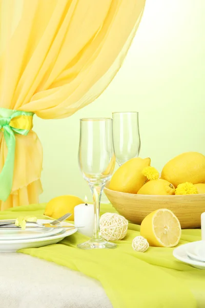 Beautiful holiday table setting with lemons, close up — Stock Photo, Image