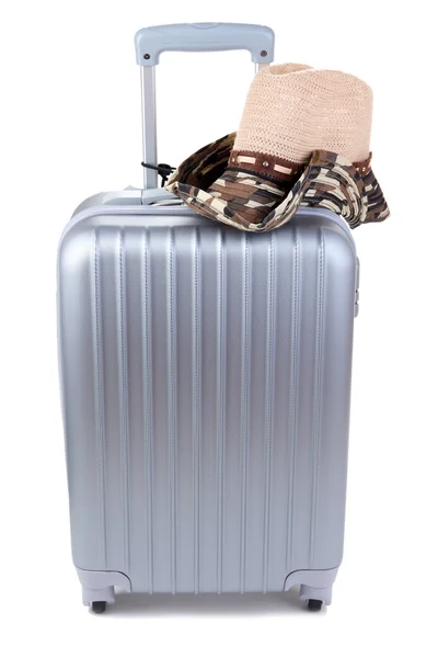 Silver suitcase with hat isolated on white — Stock Photo, Image
