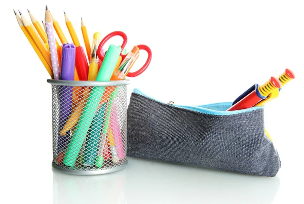 Pencil box with school equipment isolated on white — Stock Photo, Image