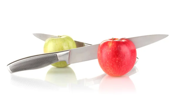 Red, green apples with knives isolated on white — Stock Photo, Image