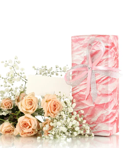 Giftbox and flowers isolated on white Stock Image