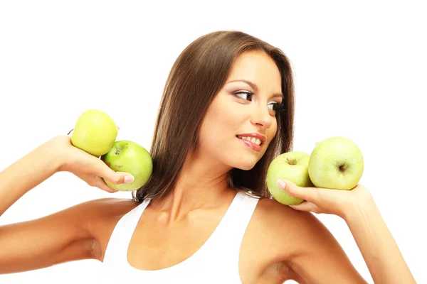 Mooie jonge vrouw met groene appels, geïsoleerd op wit — Stockfoto