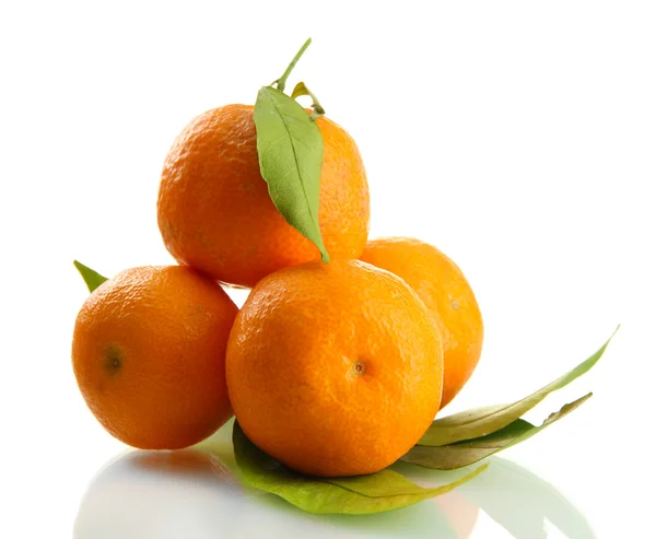 Ripe sweet tangerines with leaves, isolated on white — Stock Photo, Image