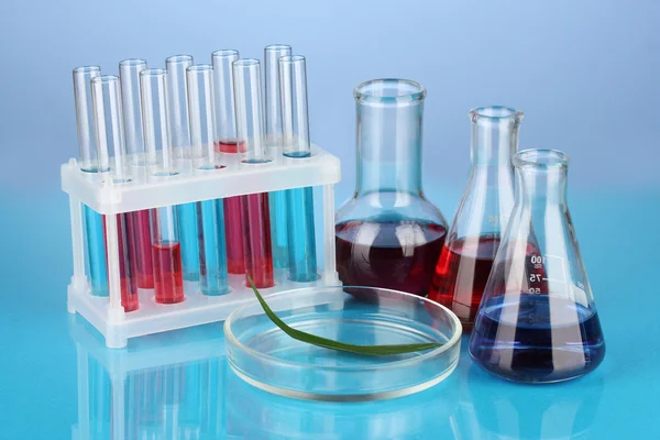 Test-tubes and green leaf tested in petri dish, on color background — Stock Photo, Image