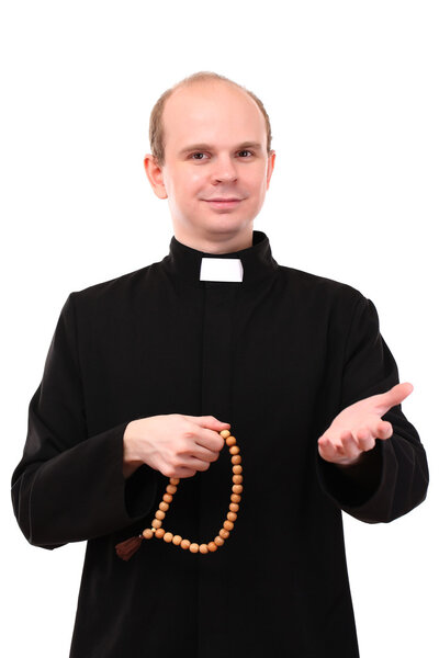 Young pastor with wooden rosary, isolated on white