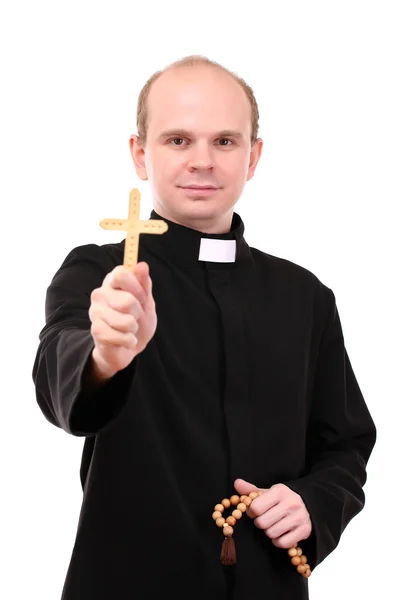 Young pastor with wooden cross and rosary, isolated on white — Stock Photo, Image