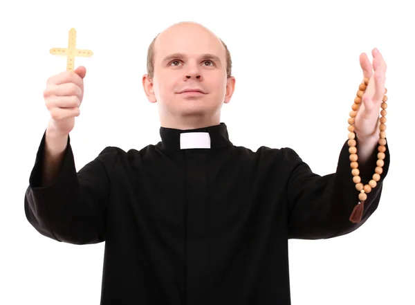 Young pastor with wooden cross and rosary, isolated on white — Stock Photo, Image