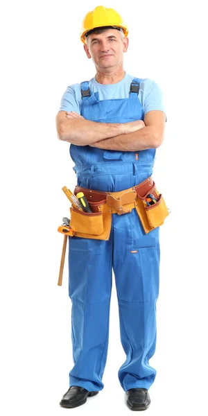 Construtor masculino em capacete amarelo isolado em branco — Fotografia de Stock