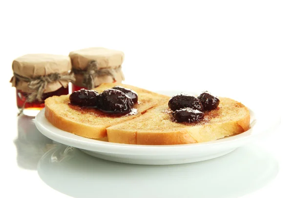 White bread toast with jam on plate, isolated on white — Stock Photo, Image