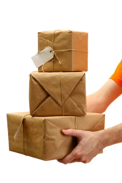 Courier with parcel boxes, isolated on white — Stock Photo, Image