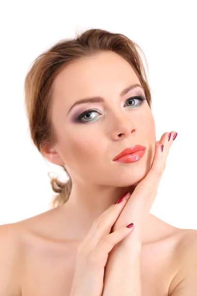 Krásná mladá žena s světlý make-up izolovaných na bílém — Stock fotografie
