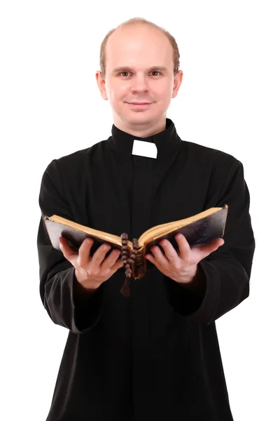 Young pastor with Bible, isolated on white — Stock Photo, Image