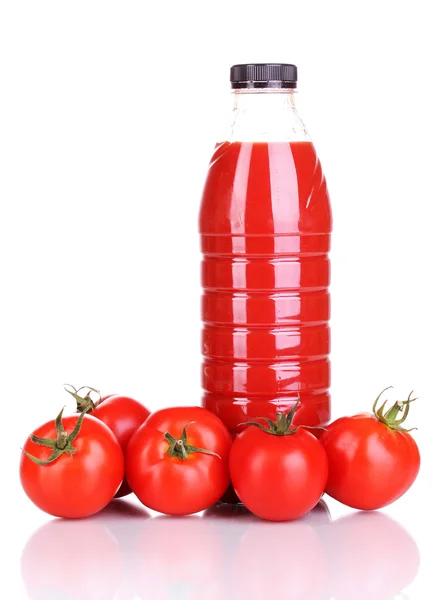 Sumo de tomate em frasco isolado sobre branco — Fotografia de Stock