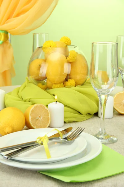 Beautiful holiday table setting with lemons, close up — Stock Photo, Image