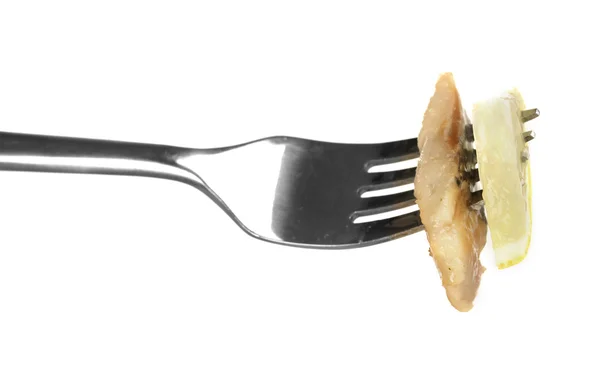 Piece of herring on fork isolated on white — Stock Photo, Image