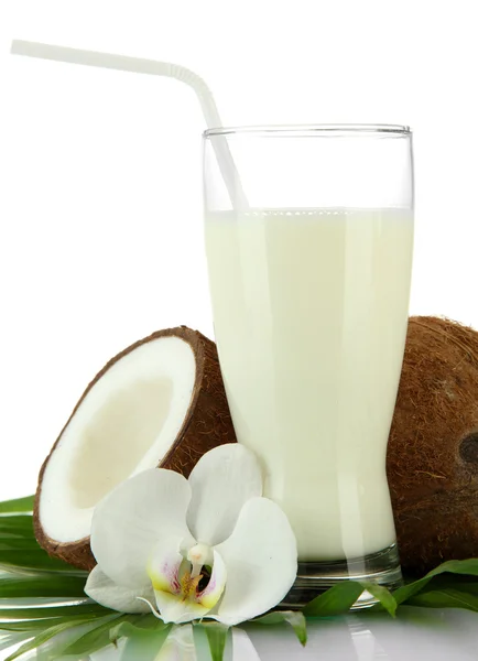 Kokosnüsse mit Glas Milch, isoliert auf weiß — Stockfoto
