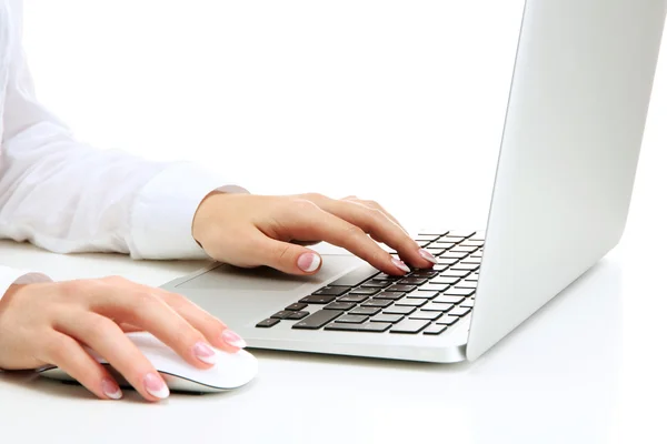 Laptot、上を書く女性の手のクローズ アップ ストック画像