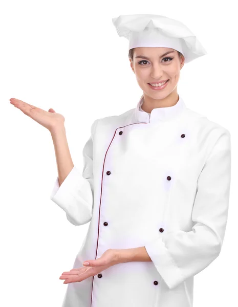 Portrait de jeune femme chef isolée sur blanc — Photo