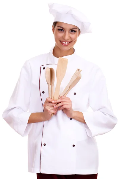 Portrait de jeune femme chef isolée sur blanc — Photo