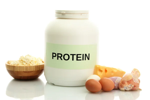Jar of protein powder and food with protein, isolated on white — Stock Photo, Image