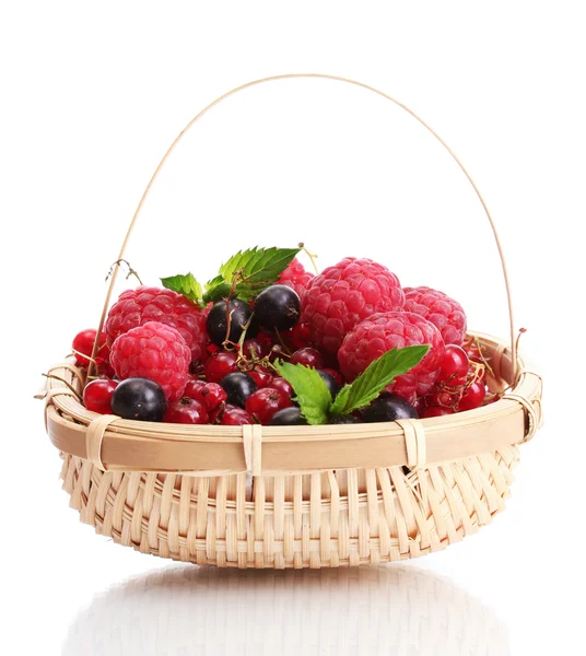 Ripe berries with mint in basket isolated on white — Stock Photo, Image