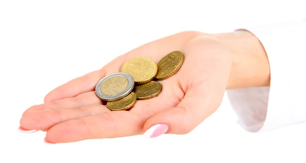 Woman hands with coins isolated on white — Stock Photo, Image