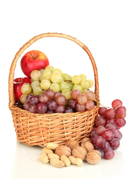 Grape in basket with nuts isolated on white — Stock Photo, Image