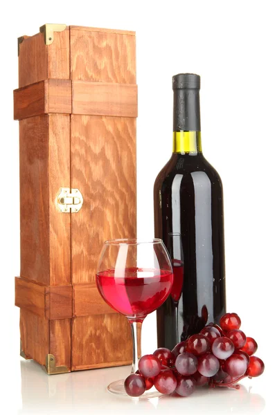 Wooden case with wine bottle isolated on white — Stock Photo, Image