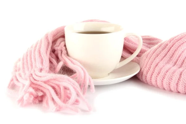 Cup of tea with scarf isolated on white — Stock Photo, Image