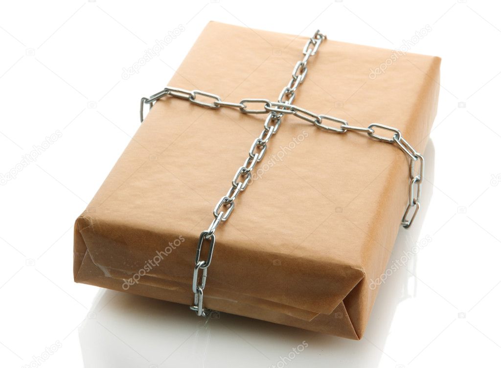 parcel with chain, isolated on white