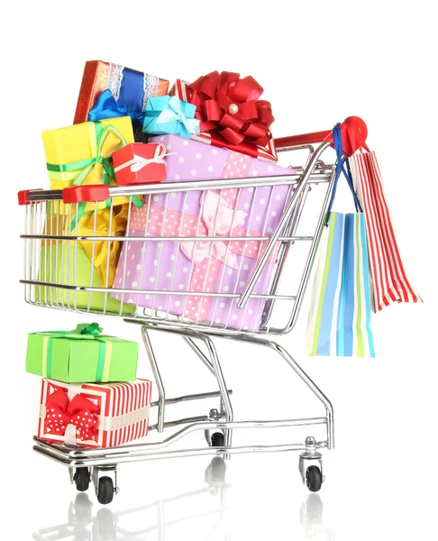 Christmas gifts and shopping in trolley isolated on white — Stock Photo, Image