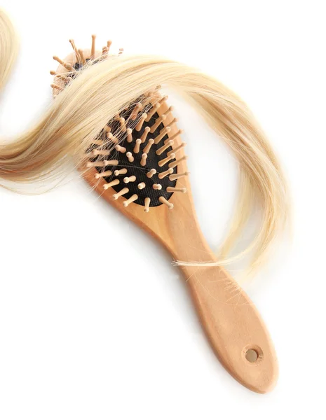 Wooden comb brush with hair, isolated on white — Stock Photo, Image