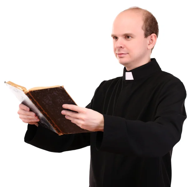 Young pastor with Bible, isolated on white — Stock Photo, Image